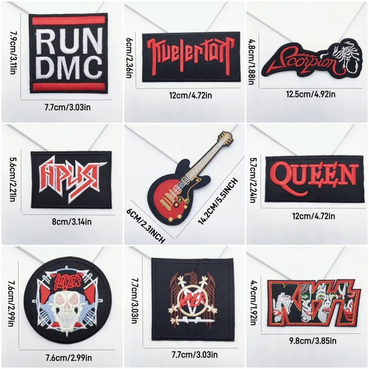 Collection of music-themed patches with various designs and sizes on a white background.
