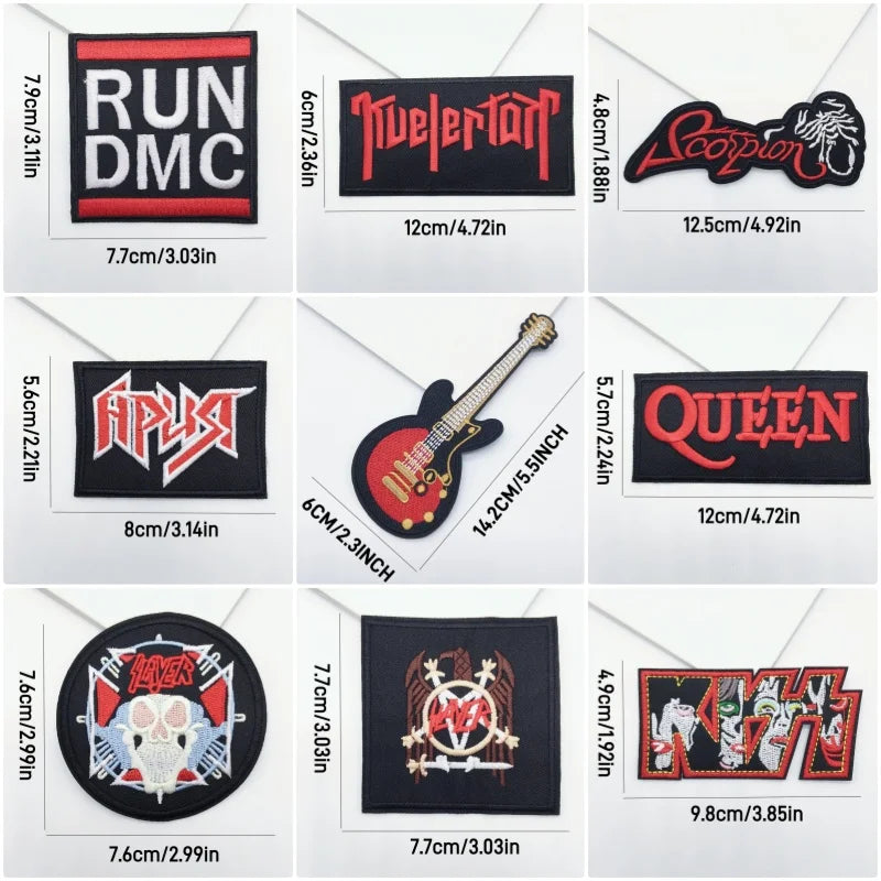 Collection of music-themed patches with various designs and sizes on a white background.