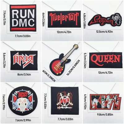 Collection of music-themed patches with various designs and sizes on a white background.