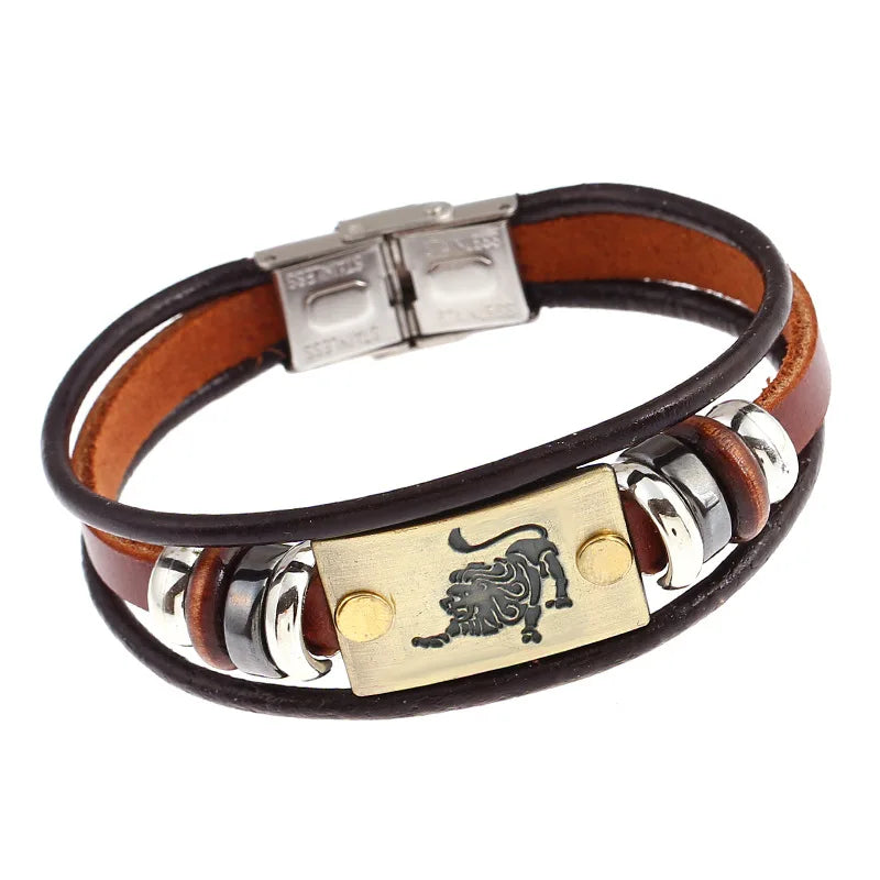 Multistrand leather bracelet with metal accents and a lion emblem on a white background