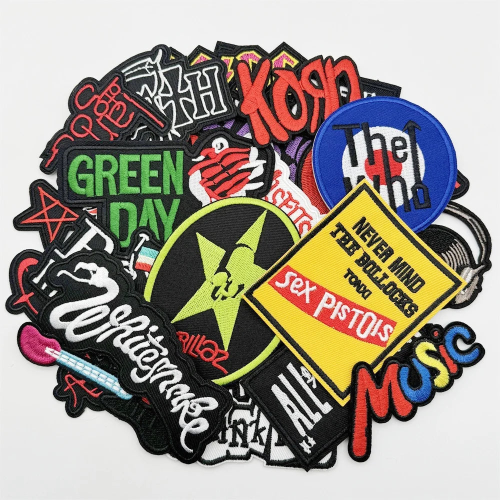 🎸25pcs Rock Band Patches – Iron-On Embroidered Music Logos Set for Jackets & Bags