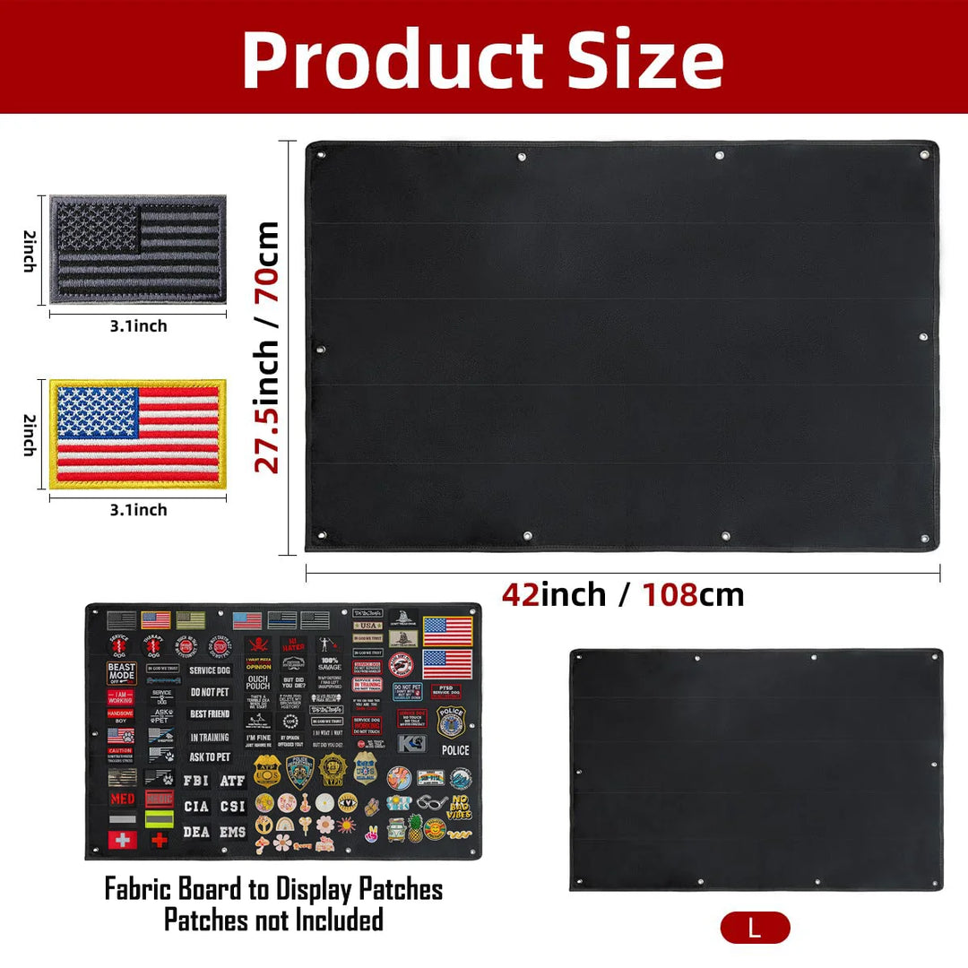 patch display board with patch es and size measurements on a white background