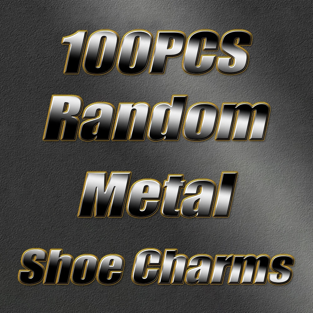 Text on a metallic background advertising 100pcs random metal shoe charms.