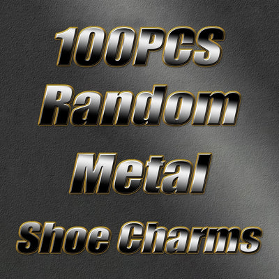 Text on a metallic background advertising 100pcs random metal shoe charms.