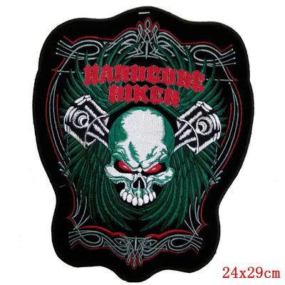 Embroidered patch with skull design and 'Handsome Biker' text, brand 'Prajna' visible.
