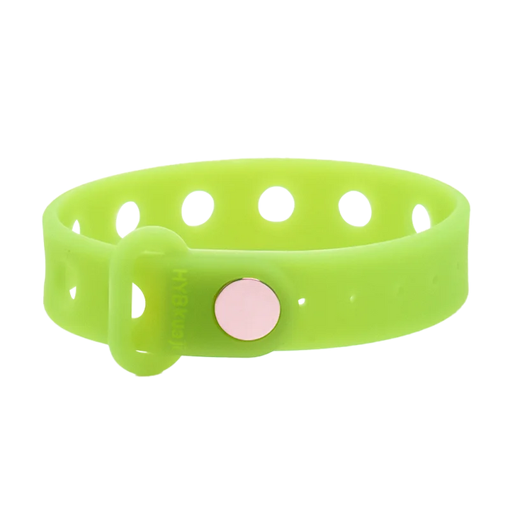 Green wrist band dog collar with a pink button on a white background