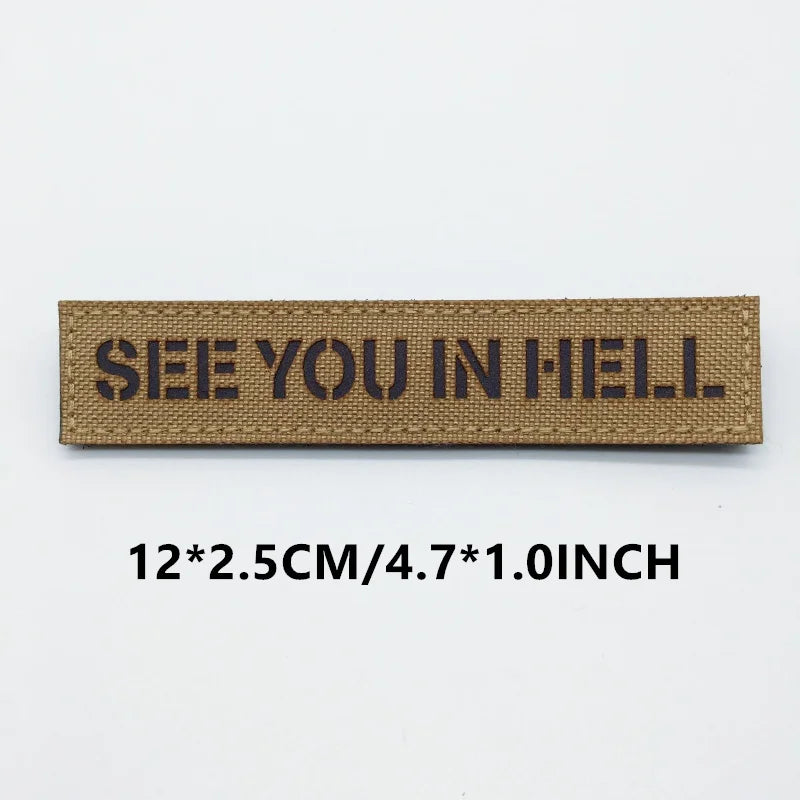 Textile patch with 'SEE YOU IN HELL' on a white background