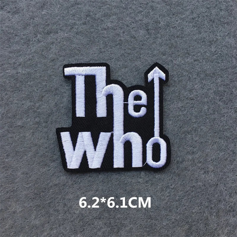 Embroidered patch with 'The Who' logo on a gray background