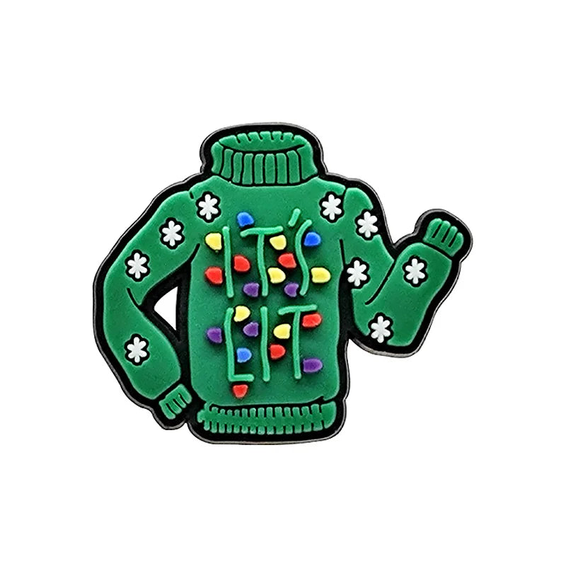 Shoe charm ornament of Green sweater with colorful lights and white flowers on a white background
