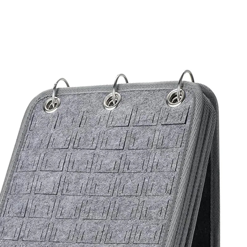 Gray Felt Pin Display Stand close up with metal rings on a white background