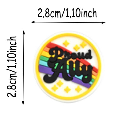 Round shoe charm with rainbow design and text, shown with measurements on a white background