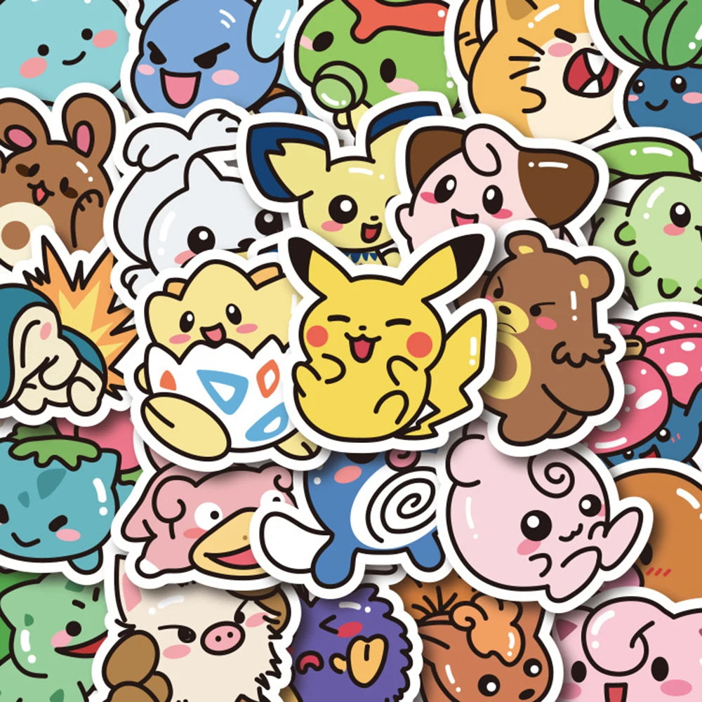 Collection of colorful cartoon stickers featuring various characters.
