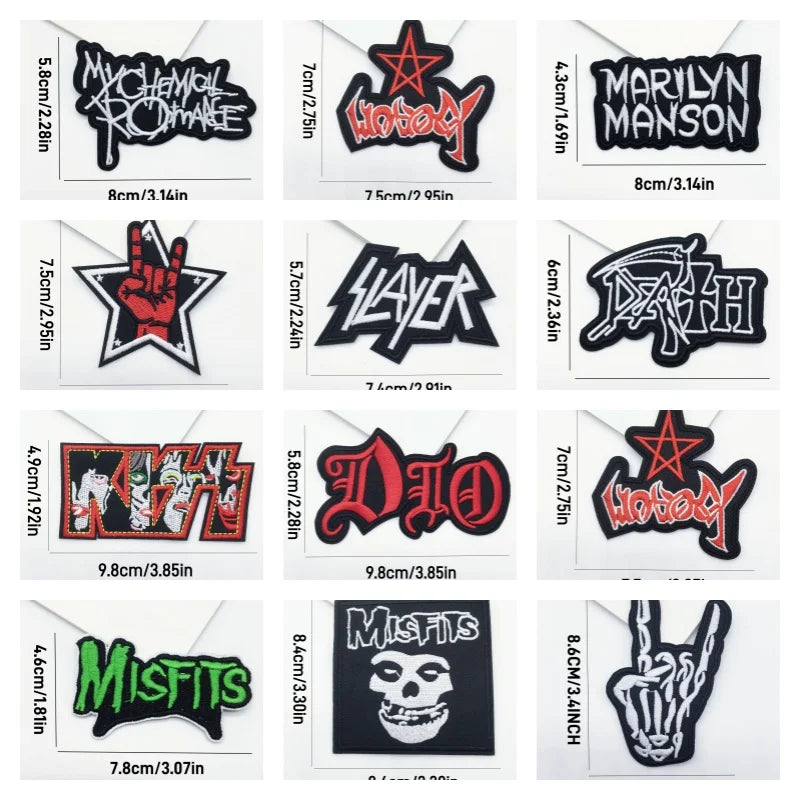Collection of music band logos as patches with dimensions on a white background