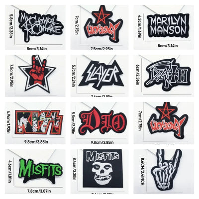 Collection of music band logos as patches with dimensions on a white background