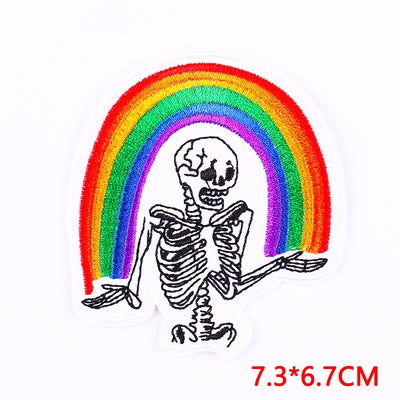 Skeleton with rainbow above on a white background