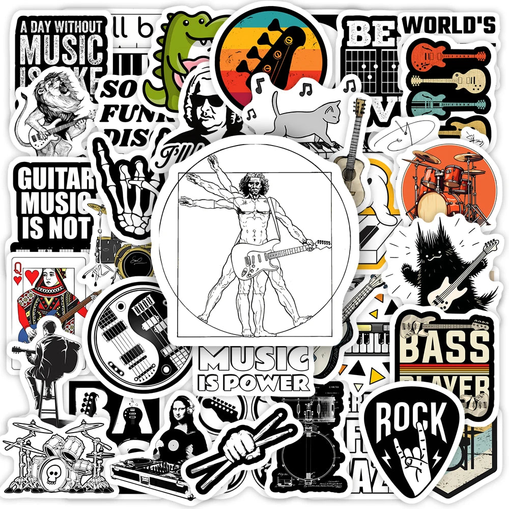 Collection of music-themed stickers featuring guitars, musicians, and related graphics.