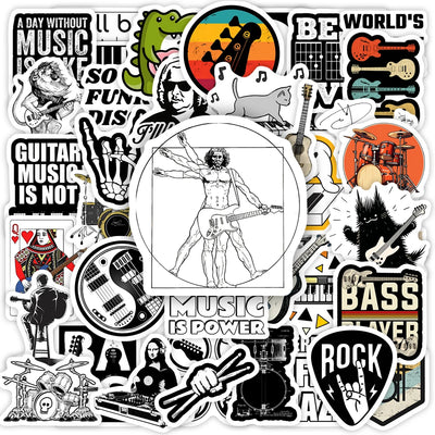 Collection of music-themed stickers featuring guitars, musicians, and related graphics.