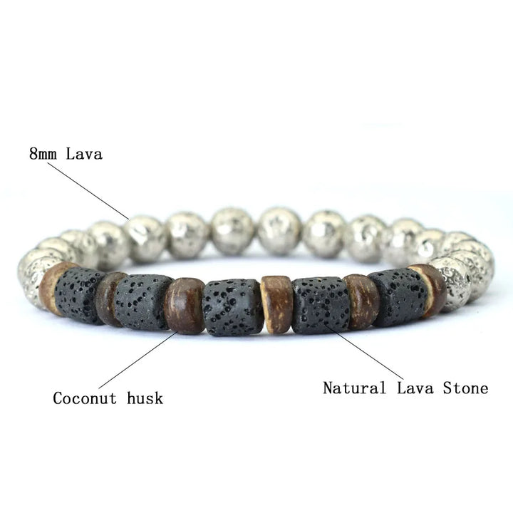 Bracelet with labeled beads of different materials on a white background