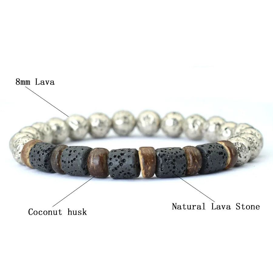 Bracelet with labeled beads of different materials on a white background