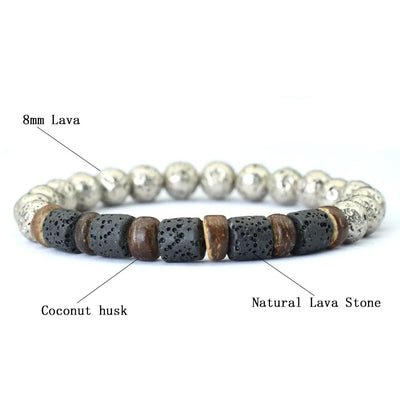 Bracelet with labeled beads of different materials on a white background