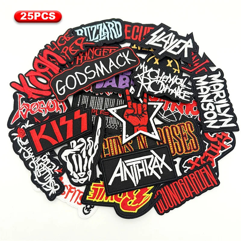 Collection of music band patches with various designs on a white background