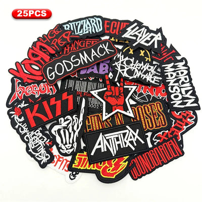 Collection of music band patches with various designs on a white background