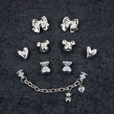 ✨9 PCS Silver Bow & Bear Shoe Charms – Metallic Gothic-Inspired Charm Pack for Clogs & Sandals