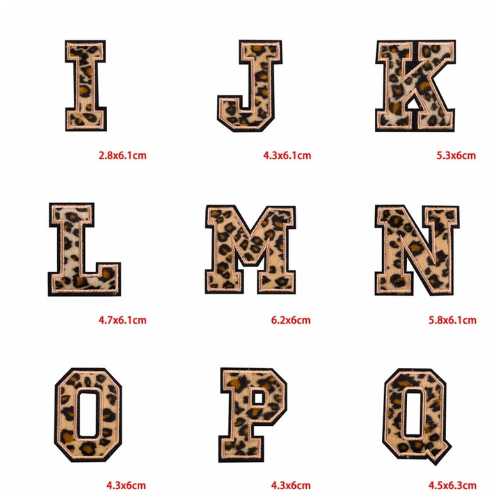 Leopard print letters I to Q with dimensions on a white background