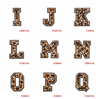 Leopard print letters I to Q with dimensions on a white background