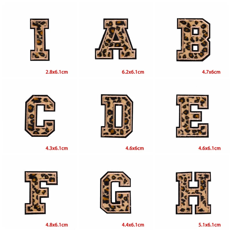 Leopard print letters A to H with dimensions on a white background