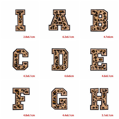 Leopard print letters A to H with dimensions on a white background