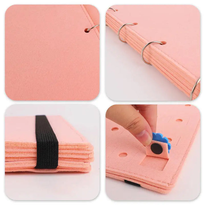 Collage of Pink Felt Pin &amp; Patch Display Storage Book with close up to its components on a white background