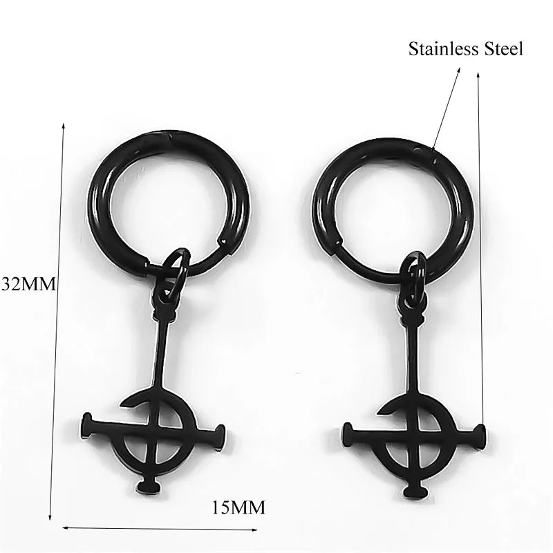Black earrings with cross designs on a white background, showing measurements.