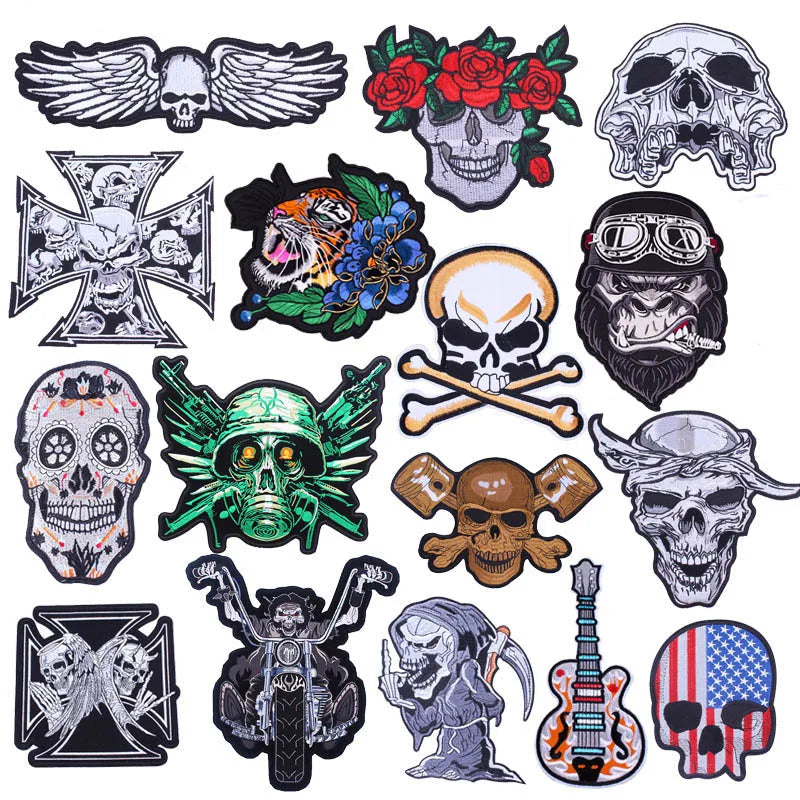 Collection of various skull-themed patches with different designs on a white background.