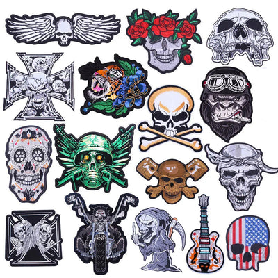 Collection of various skull-themed patches with different designs on a white background.