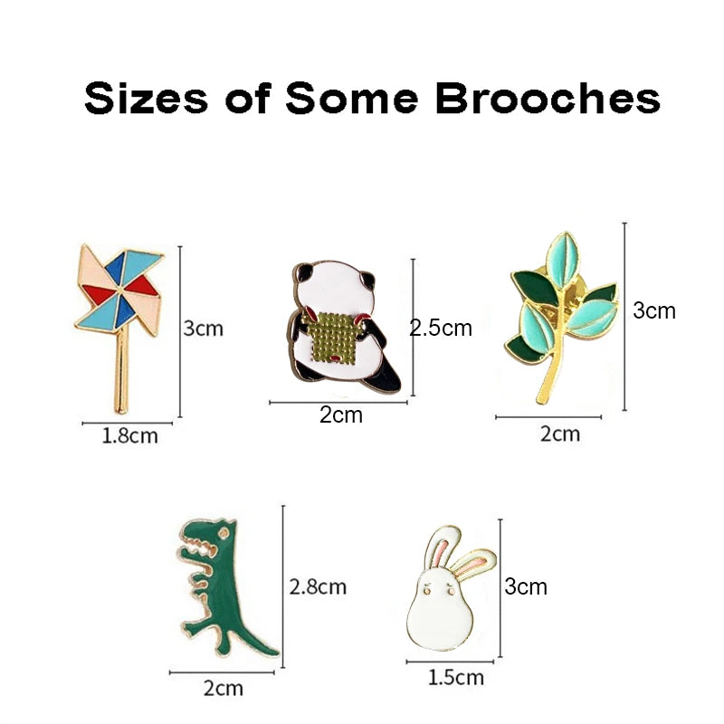 Sizes of various brooches with measurements on a white background