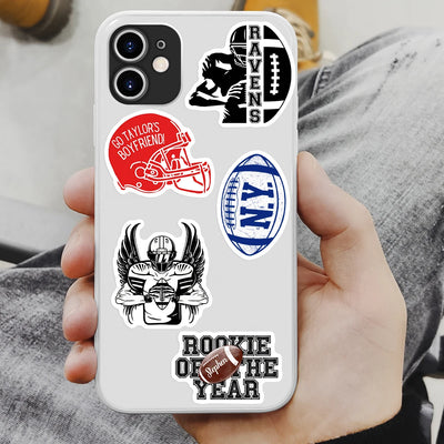 Phone case with various sports-themed designs held by a person