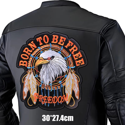 Black leather jacket with 'Born to be Free' and eagle design on a white background