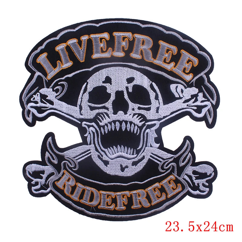 Embroidered patch with skull design and 'Live Free Ride Free' text on a white background