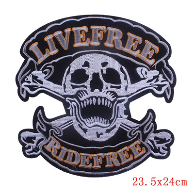 Embroidered patch with skull design and 'Live Free Ride Free' text on a white background