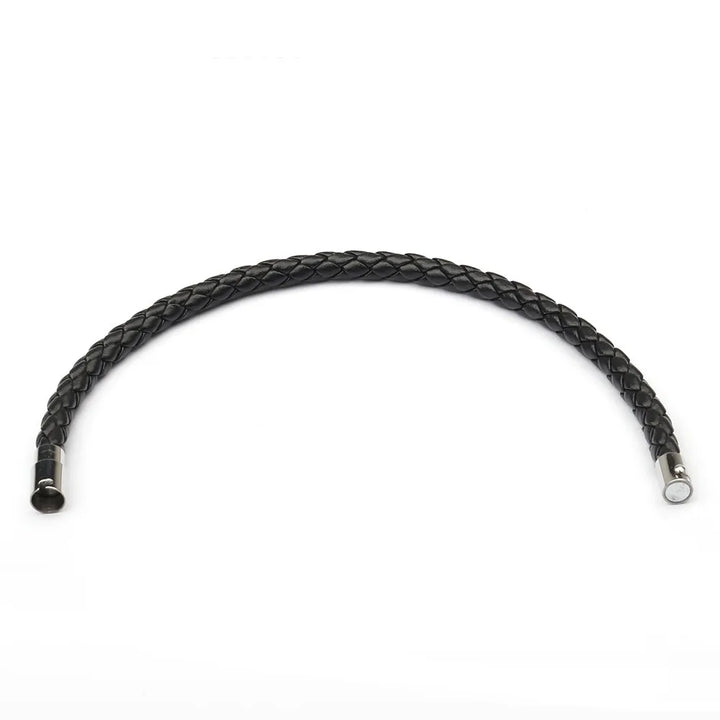 Black braided leather bracelet on a white background