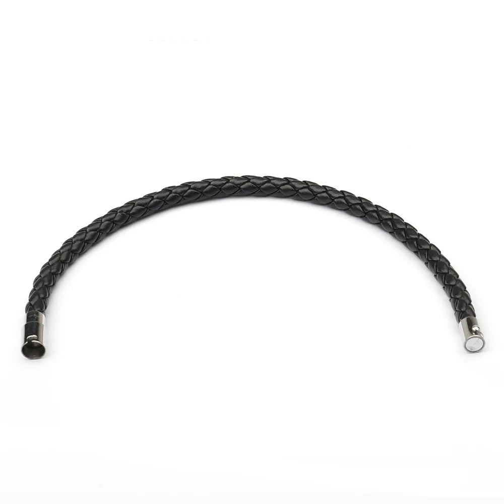 Black braided leather bracelet on a white background