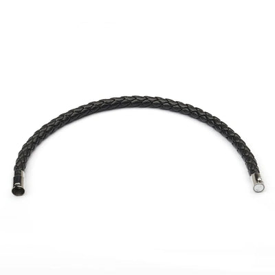 Black braided leather bracelet on a white background