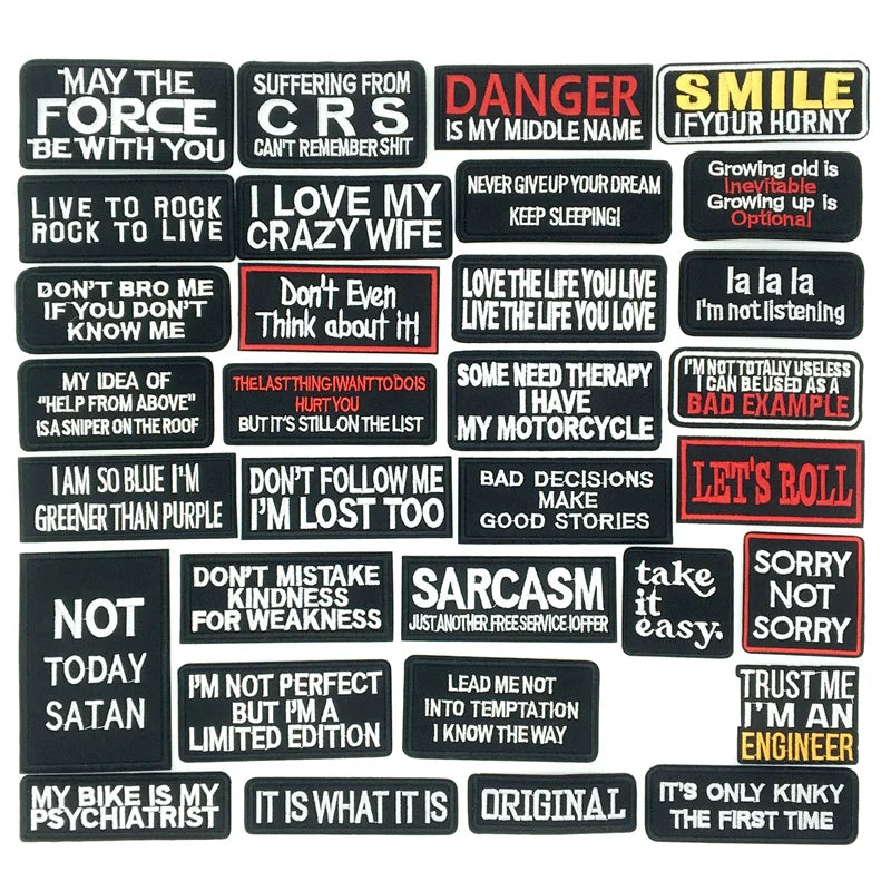 Collection of various bumper stickers with different sayings on a black background