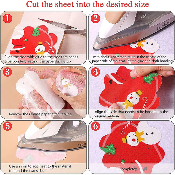 Step-by-step guide on how to bond two sides of a sheet using glue sheets and an iron.