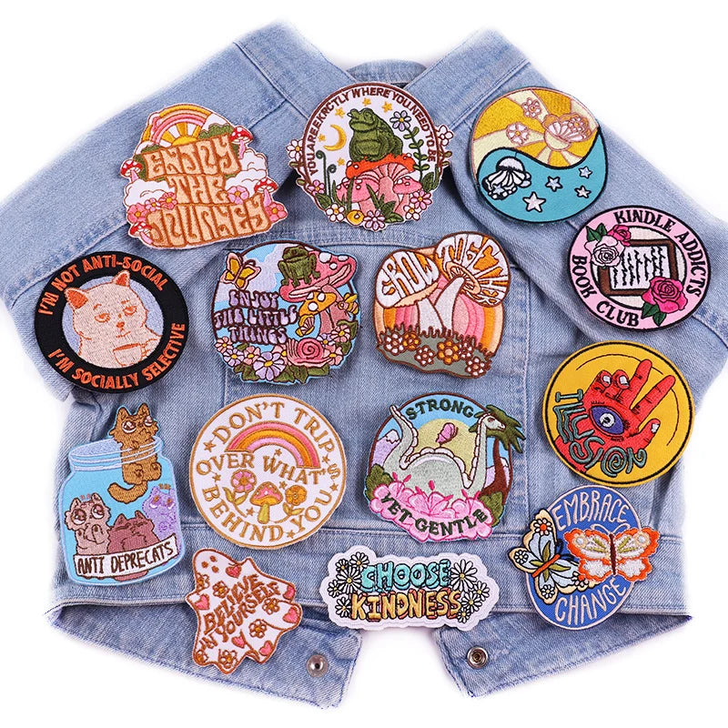 Collection of colorful patches on a denim jacket