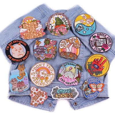 Collection of colorful patches on a denim jacket