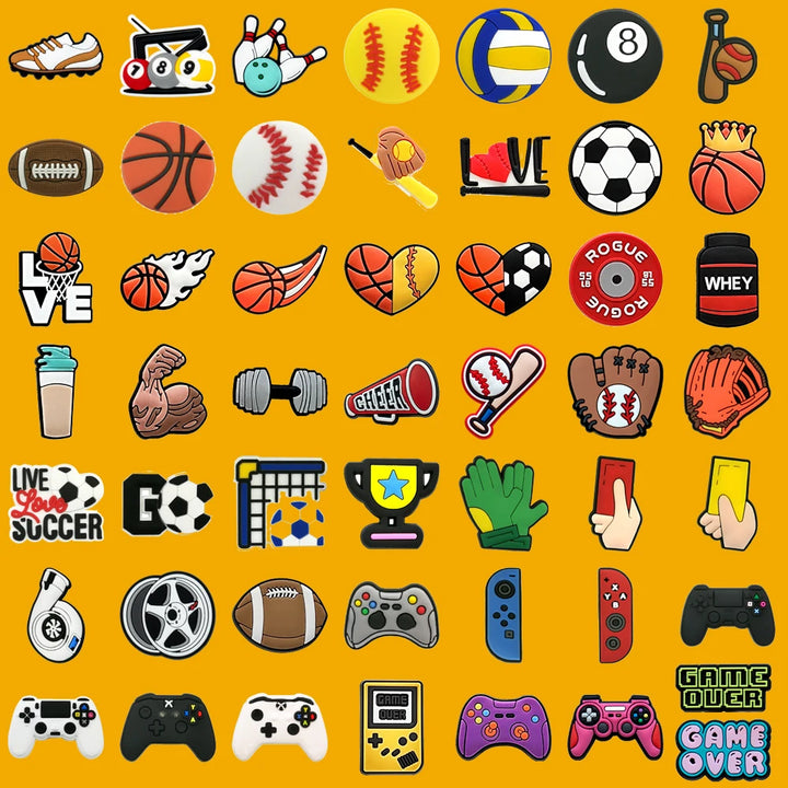 Collection of sports-themed and gaming-themed shoe charms on a yellow background