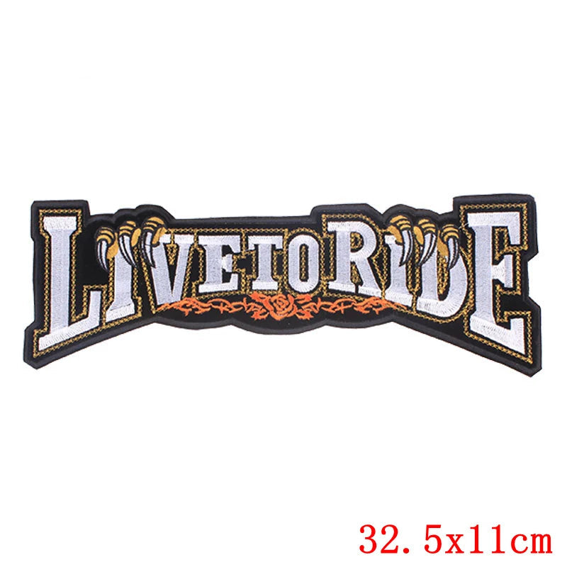 Embroidered patch with 'LIVE TO RIDE' text on a white background