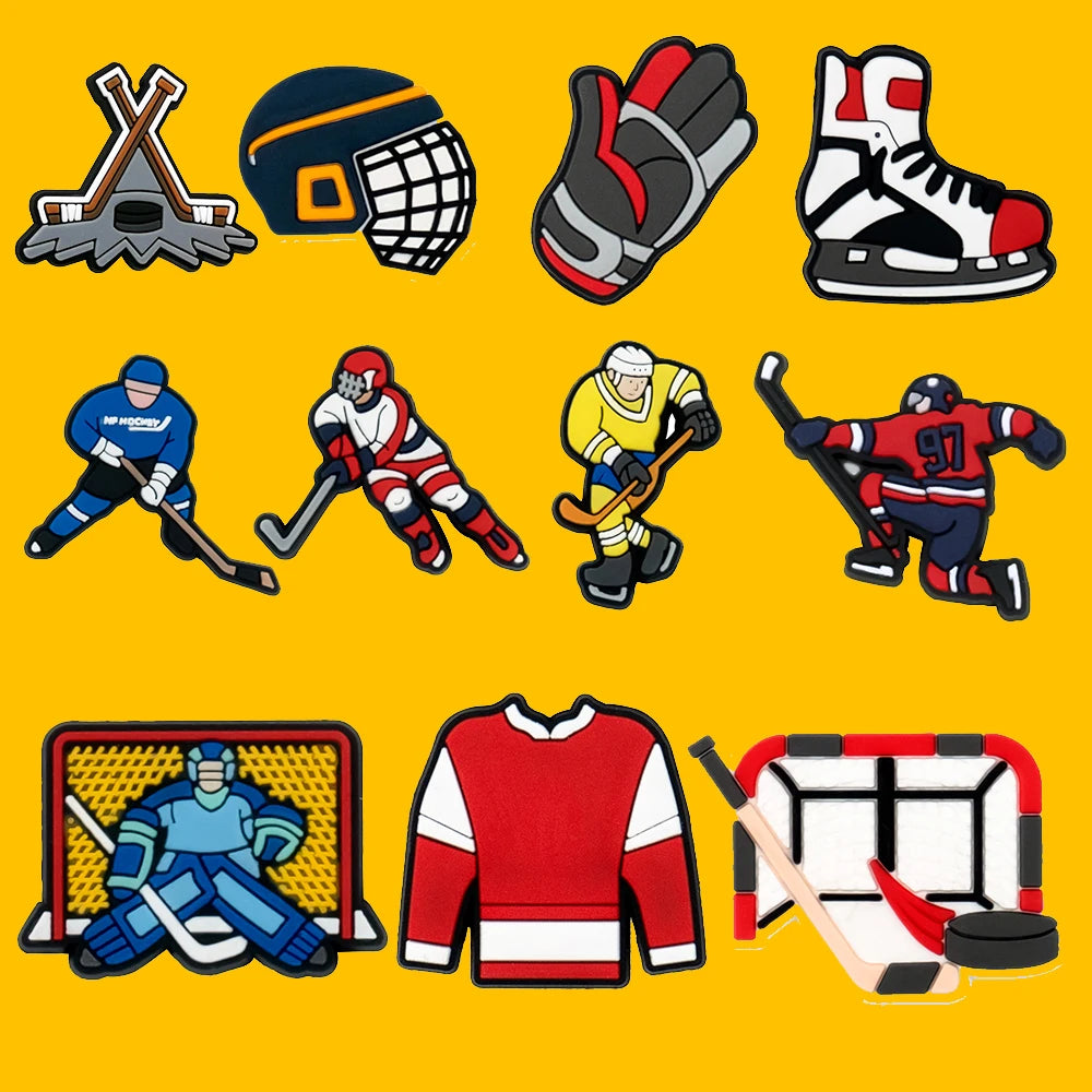 🏒11pcs Hockey Shoe Charms – Colorful Players, Gear & Sticks for Clogs & Sports Fans